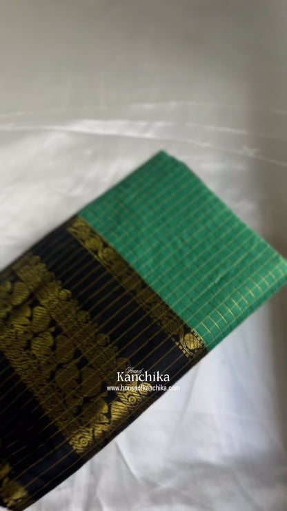 Checked Kalyani Cotton Saree with Zari Peacock Border & Blouse