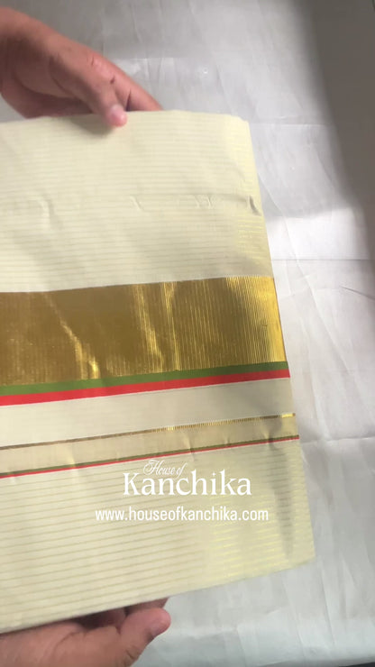 Traditional Kerala Kasavu Set Saree with Multicolour Border