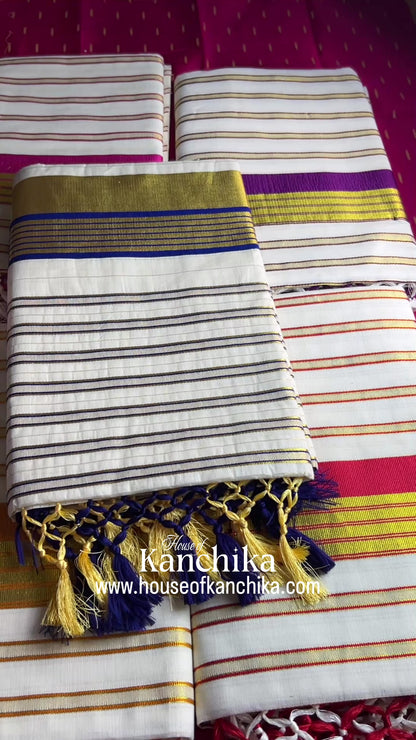 Premium Kerala Kasavu Saree with Running Blouse | Soft Cotton Blend | 5 Colour Variants | Festive & Traditional Wearing