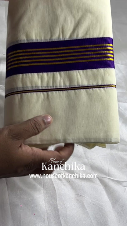 Premium Kerala Kasavu Set Mund with Royal Purple Border | Traditional Set Mund | Soft Cotton