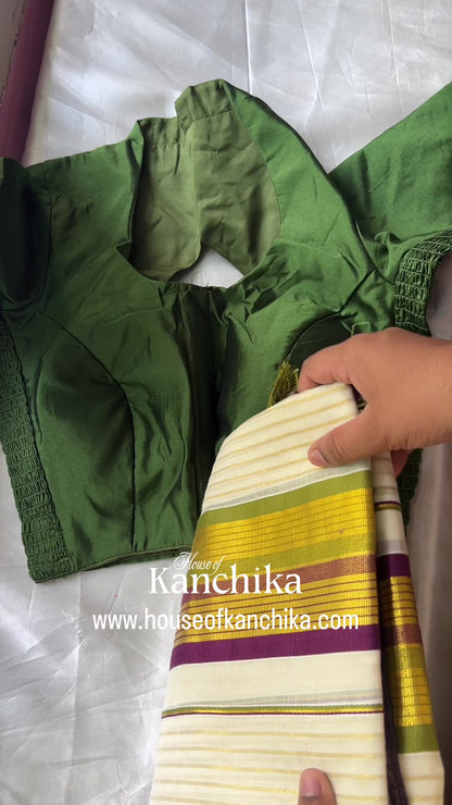 Premium Kasavu Single Set Mundu with Green & Purple Temple Border | Traditional Kerala Festive Wear