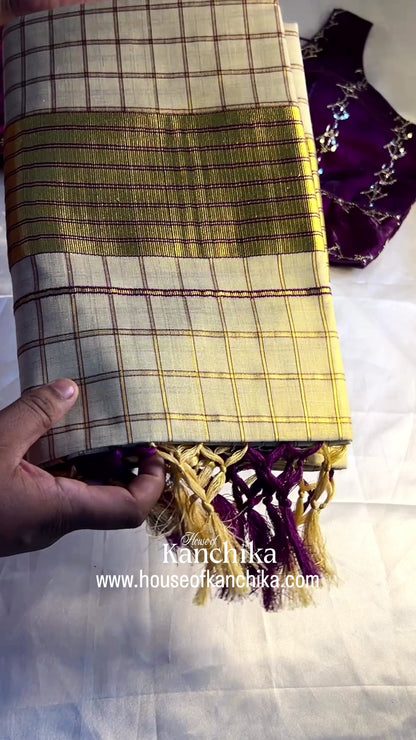 Premium Checked Tissue Kasavu Saree with Rich Golden Border & Running Blouse – Purple