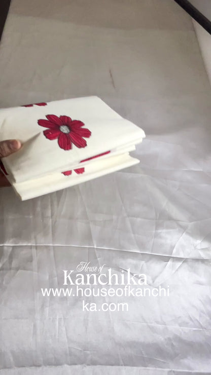 Hand-Painted Red Floral Set Mund | Premium Kerala Traditional Set Mund for Women