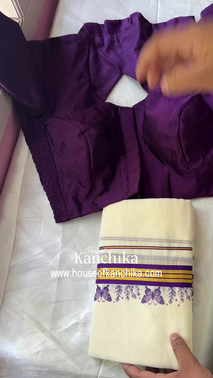 Premium Cotton Kasavu Single Set Mundu with Purple Butterfly Border | Traditional Kerala Festive Wear