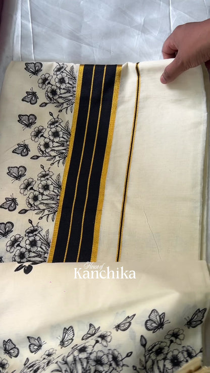 Hand-Painted Butterfly Floral Kasavu Set Saree | Premium Kerala Cotton Kasavu Saree