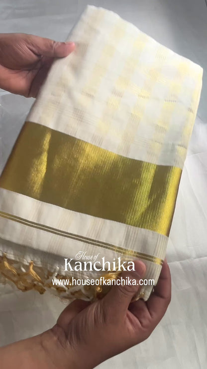Golden Kasavu Checked Set Saree with Designer Tassel Pallu | Running Blouse Included