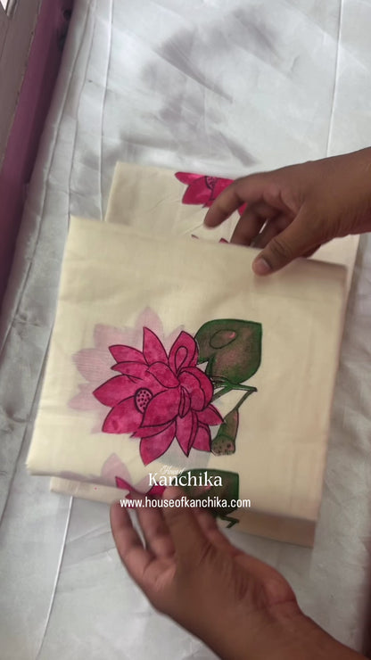 Premium Kerala Cotton Lotus Print Set Mund | Traditional Floral Set Mund | Festive & Casual Wear